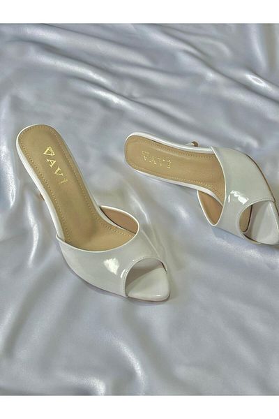 VAVİ STORE Women's White Patent Leather Genuine Leather Sole Thin Heel Pointed Toe Band Detail Slippers