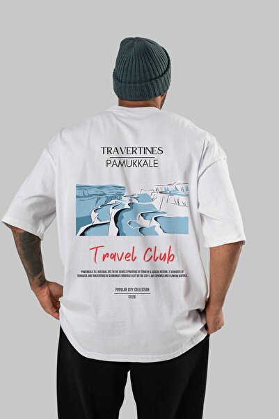 Ankhises تي شيرت ترافرتينز باموكال أبيض كبير الحجم مطبوع من الخلف للرجال والن...