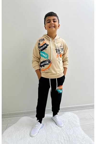 herkesemoda Whatever Strong Text Detail Printed Unsharded Hooded 3 Thread Boy's Suit