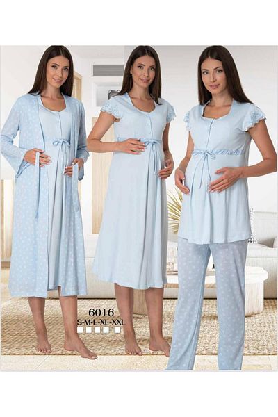 EM&FA TEKSTİL Pregnant Maternity 3-Piece Dressing Gown Nightgown Pajama Set