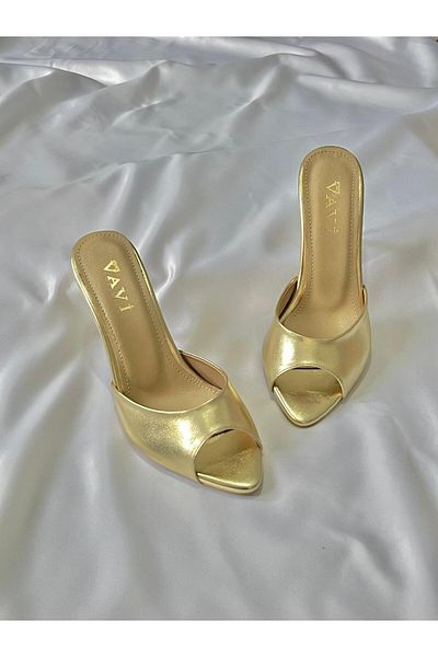 VAVİ STORE Women's Gold Metallic Genuine Leather Sole Thin Heel Pointed Toe Band Detail Slippers
