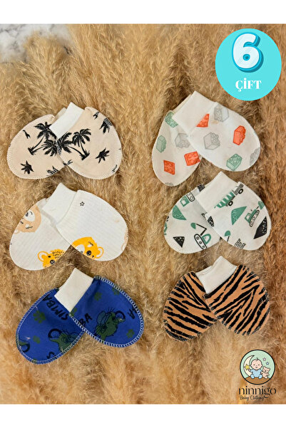 ninnigo Erkek Bebek Yenidoğan Penye Organik Pamuklu Bebek Eldiveni 6 Çift Set