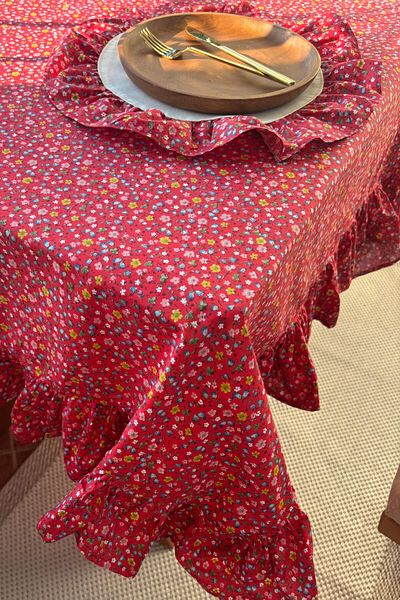 zarafet concept Red Crispy Spring Floral, Ruffled, Table Cloth, Multi-Purpose Cover
