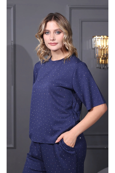 HEDEF DAİSY Women's Navy Blue New Season Relaxed Fit Stone Set Stylish and Comfortable Two-Piece Combination