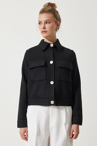 Lovelyİstanbul Jachetă elegantă din tweed țesut cu buzunare cu nasturi LWF0045 NEGRU