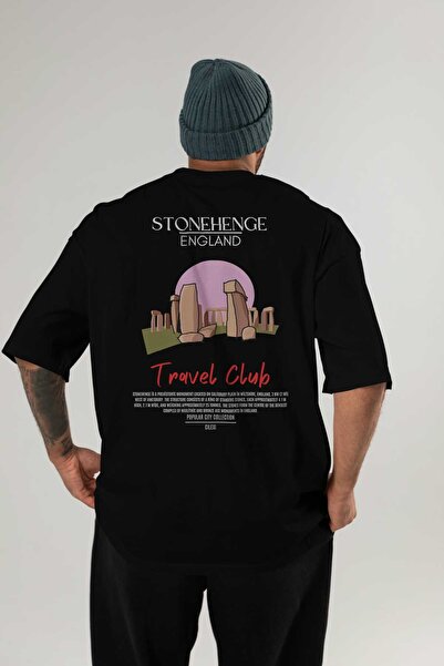 Ankhises Tricou Stonehenge Anglia cu imprimeu pe spate, negru, supradimension...