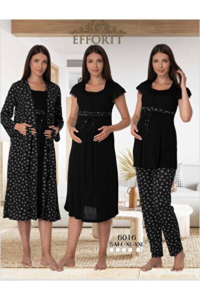 EM&FA TEKSTİL Pregnant Maternity 3-Piece Dressing Gown Nightgown Pajama Set