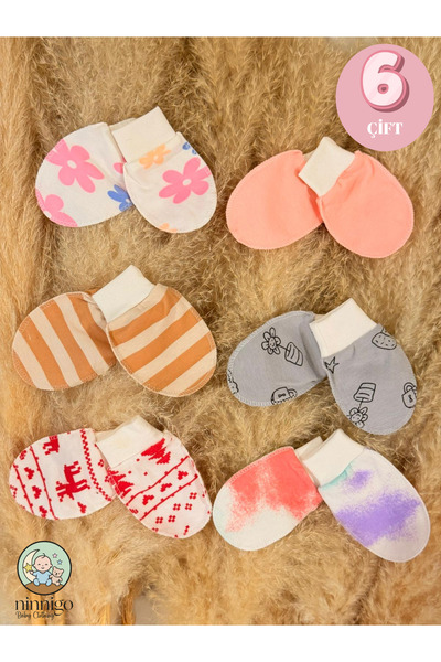 ninnigo Kız Bebek Yenidoğan Penye Organik Pamuklu Bebek Eldiveni 6 Çift Set