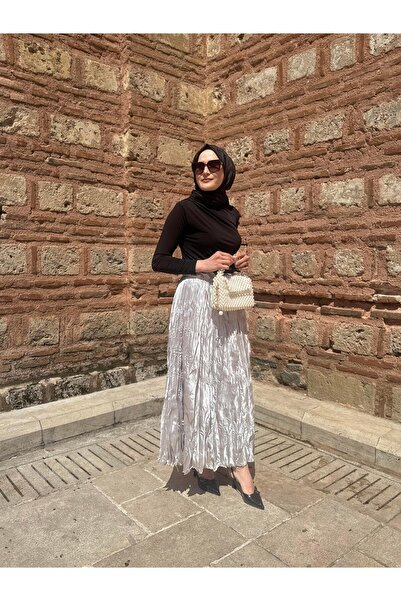 MODA 1294 İPEK SATEN KUMAŞ STANDART BEDEN ETEK GÜMÜŞ RENGİ