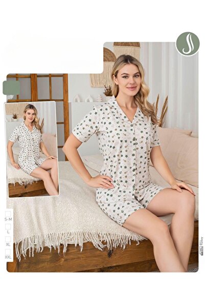 İpek Women's Short Sleeve Front Button 100% Cotton Shorts Pajamas Set