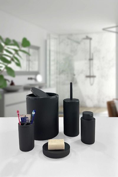 CPU ELEKTRONİK 5 Pieces Black Striped Round 5-Piece Eco Bathroom Set Trash Can Toilet Brush Soap Dispenser Toothbrush Holder
