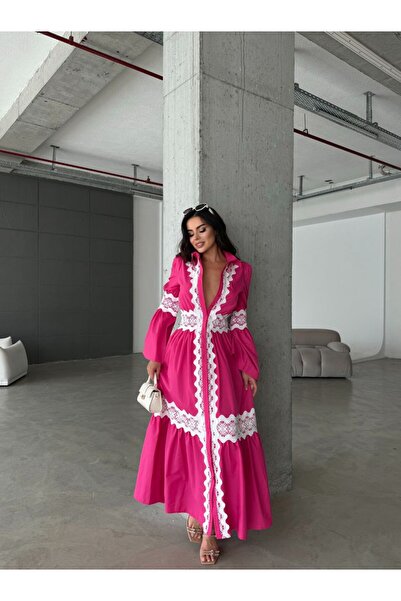 MSN Imported Poplin Fabric & Lace Detail Dress - Pink - 42120