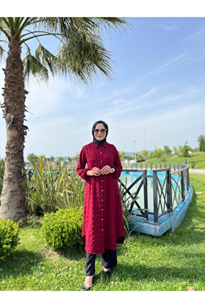 MODA AYROBİN KUMAŞ BOYDAN DÜĞMELİ GÖMLEK TUNİK BORDO