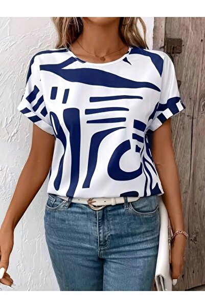 Ekince NİDAM BUTİK Γυναικεία κοντομάνικη μπλούζα με στρογγυλή λαιμόκοψη και σ...