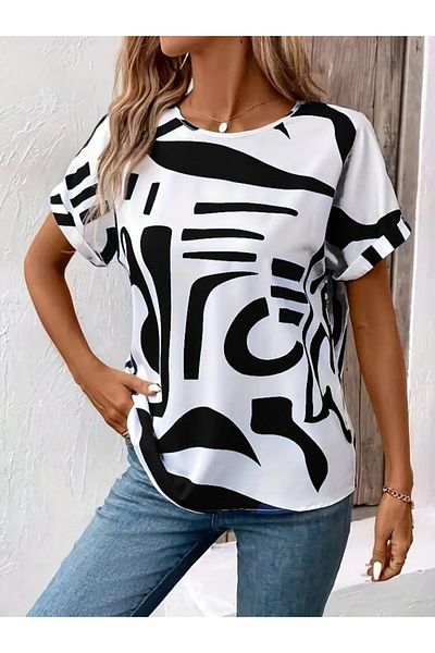 Viyamo Women's Short Sleeve Round Neck Patterned Single Jersey Blouse