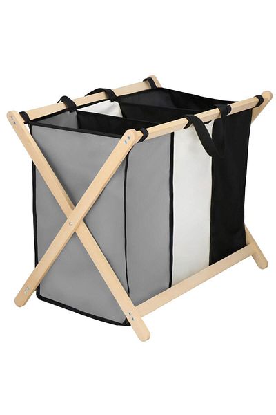 SERSIMO Laundry basket with 3 compartments, wooden frame, 67x43x55 cm, 105 liters