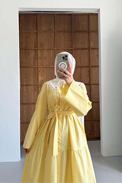 Rimel Moda Yakası Güpürlü Elbise Sarı