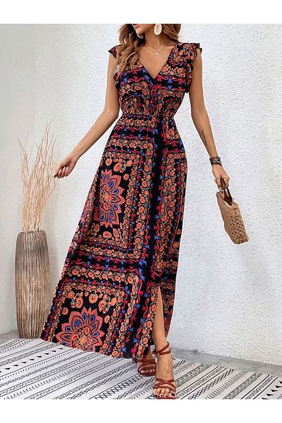 Viyamo Women's Short Sleeve V Neck Pattern Slit Single Jersey Dress