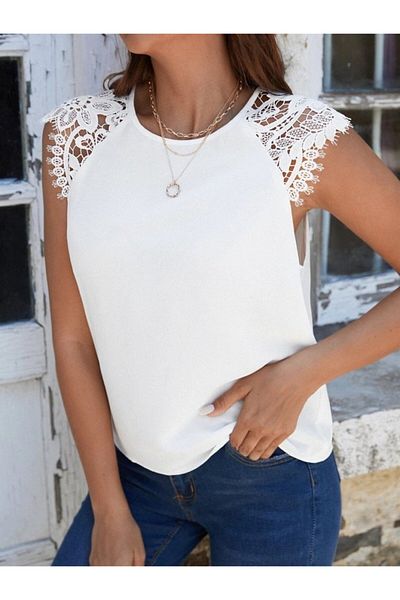 Viyamo Women's Short Sleeve Crew Neck Imported Crepe Blouse