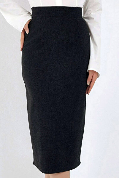 MissKybele Yüksek Belli Fermuar Kapamalı Arkadan Yırtmaçlı Diz Altı Midi Boy Likralı Esnek kalem Etek