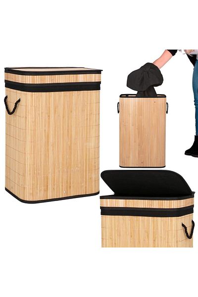 SERSIMO Cos de rufe din bambus cu capac, sac detasabil, volum 72L, 42x33x60cm, maro