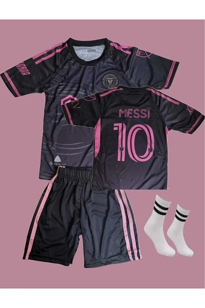 Lion Spor Lionel Messi Inter/Miami Προσαρμοσμένο σχέδιο με μαύρο σχέδιο Παιδική φανέλα ποδοσφαίρου 3 τεμαχίων
