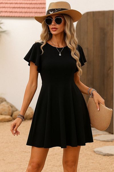 Modayakamoz Women's Short Butterfly Sleeve Crew Neck Janjan Crepe Dress