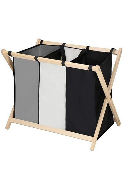 SERSIMO Laundry basket with 3 compartments, wooden frame, 67x43x55 cm, 105 liters