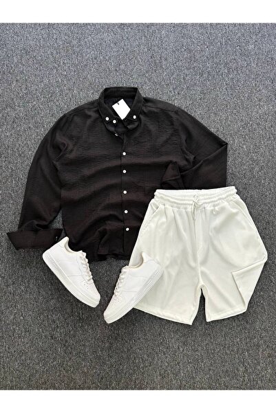 tetramoda Crinkle Linen Regular Fit Shirt and Ottoman Shorts Set of 2