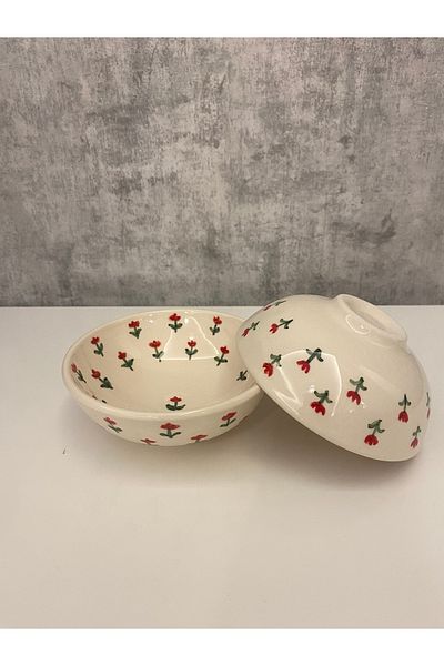 arı çini seramik Set of 2 12 cm Flower Patterned Handcrafted Ceramic Salad, Soup Presentation Bowl