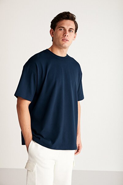 Le Touche Ανδρικό μπλουζάκι Navy Blue 100% Βαμβάκι oversized Cut Crew Neck Ba...