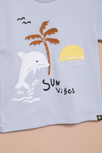 Cansın Mini Blue Fish Printed Embroidered Baby Boy Crew Neck T-Shirt 20943