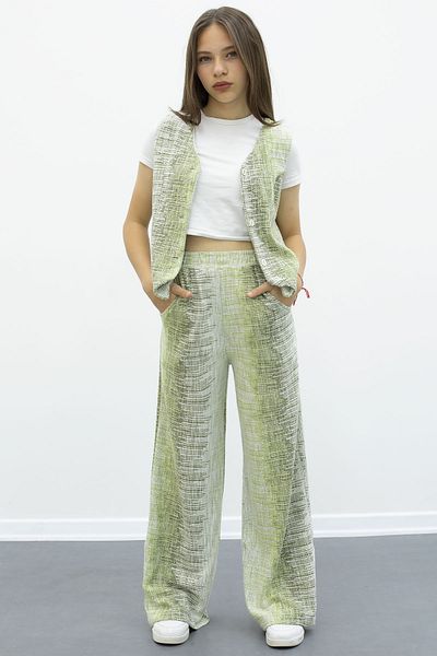 Cansın Mini Khaki Buttoned Vest and Wide Leg Belted Trousers for Girls 2 Piece Set 21009