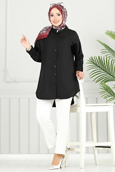 ModaMerve Pilise Detay Keten Tunik 4033TEG847-MS Siyah