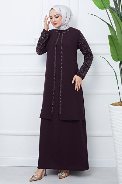 ModaMerve Taşlı Petek Kumaş Abiye Elbise 2003OZT1013-MS Mor