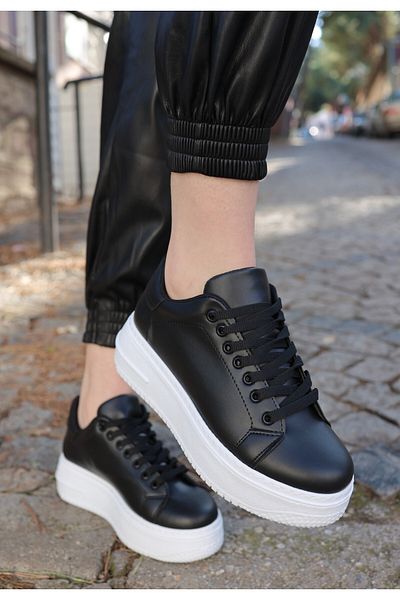 Skygo Leran Black Skin White Sole Lace Up Sneakers