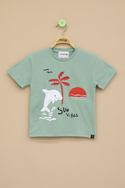 Cansın Mini Green Fish Printed Embroidered Baby Boy Crew Neck T-Shirt 20944