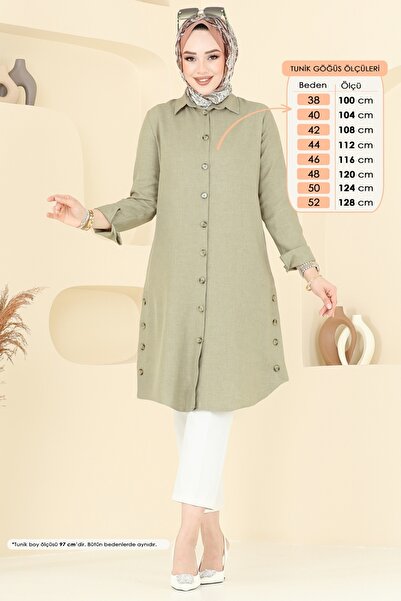 ModaMerve Yırtmaç Düğmeli Tunik 3047KTR750-MS Çağla