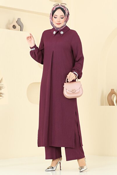 ModaMerve Yakası Taşlı Bürümcük Takım 398DVL817-MS Mürdüm