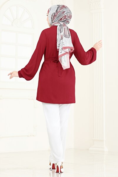ModaMerve Zincir Kemerli Tesettür Takım 344DVL817-MS Kırmızı&Ekru