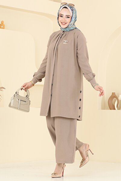 ModaMerve Yırtmaç Düğmeli Tesettür Takım 3100HBS856-MS Koyu Vizyon