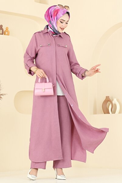 ModaMerve Aksesuar Düğmeli Sofia Takım 23017UKB139-MS Gül Kurusu