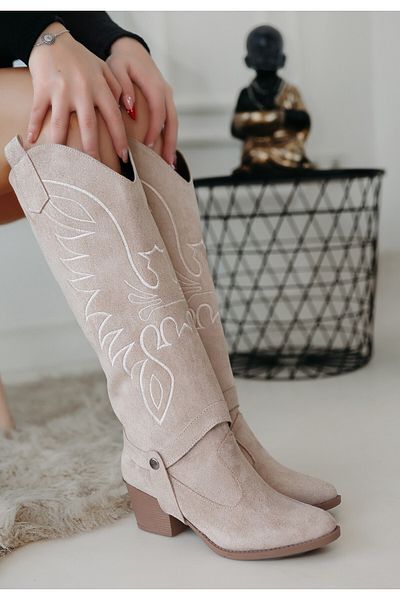 Skygo Jilla Beige Suede Removable Heeled Boots and Boots