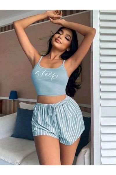 BALDOMERO Women's Striped Pattern Printed Suspender Shorts Pajamas Set