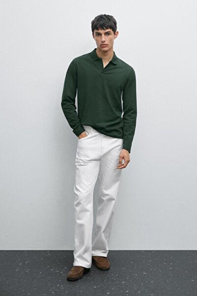 Massimo Dutti Uzun kollu merserize pamuklu dokulu polo yaka t-shirt