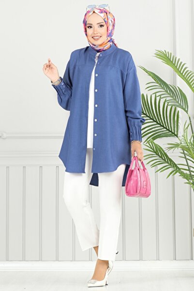 ModaMerve Pilise Detay Keten Tunik 4033TEG847-MS Mavi