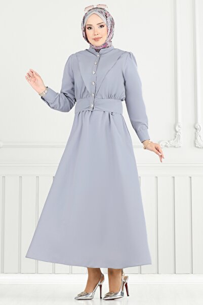 ModaMerve Düğme Detaylı Elbise Takım 3056KTR750-MS Gri
