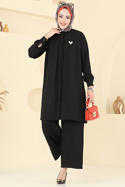 ModaMerve Yırtmaç Düğmeli Tesettür Takım 3100HBS856-MS Siyah