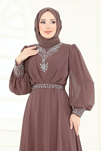 ModaMerve Taşlı Şifon Tesettür Abiye 7084ABK1075-MS Pudra Vizyon