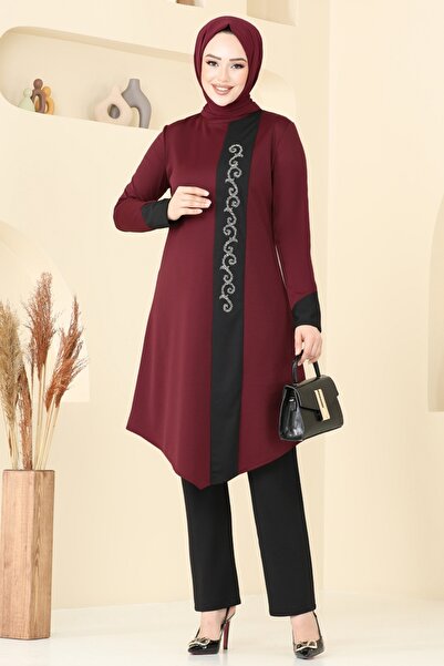 ModaMerve Stone Detail Hijab Suit Asm2802-Ms Claret Red